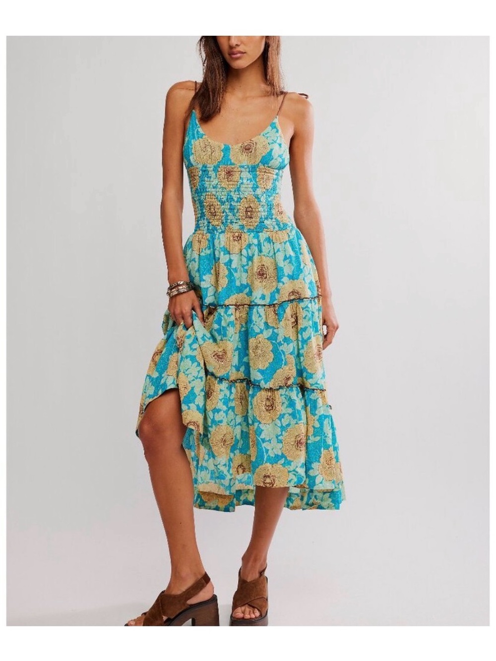 Free People Turquoise And Yellow Floral Midi Dress #462